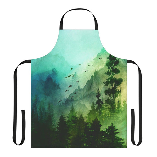 Watercolor painting of a mountain landscape with pine trees, clouds, and birds on a durable apron
