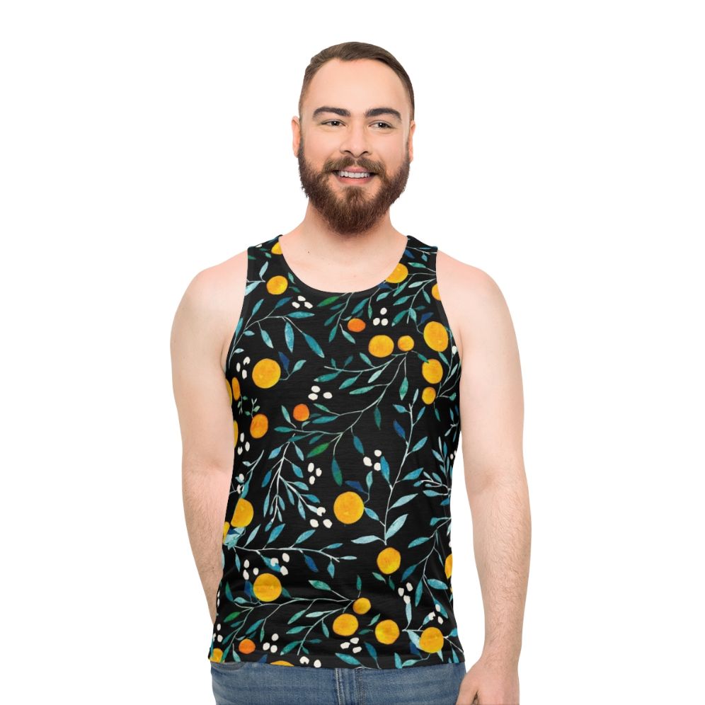 Unisex tank top with vibrant watercolor oranges pattern