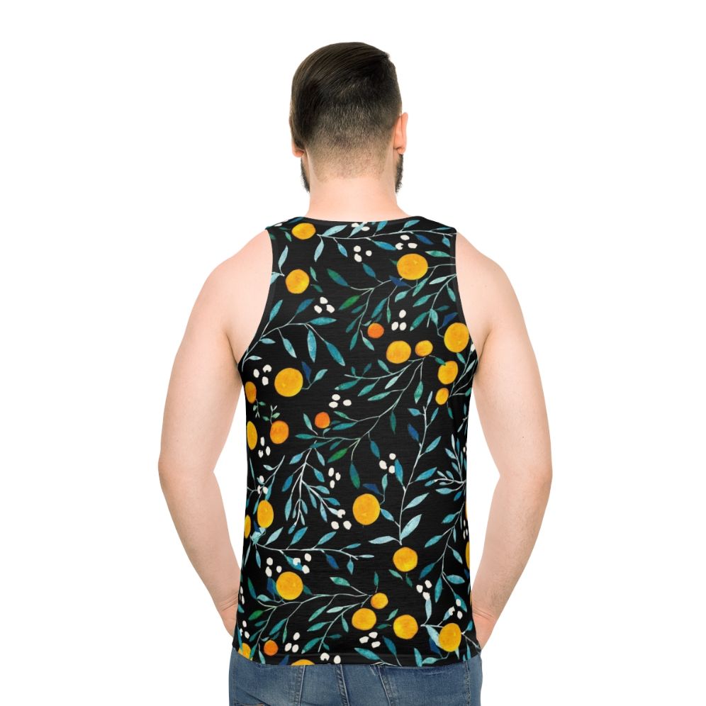 Unisex tank top with vibrant watercolor oranges pattern