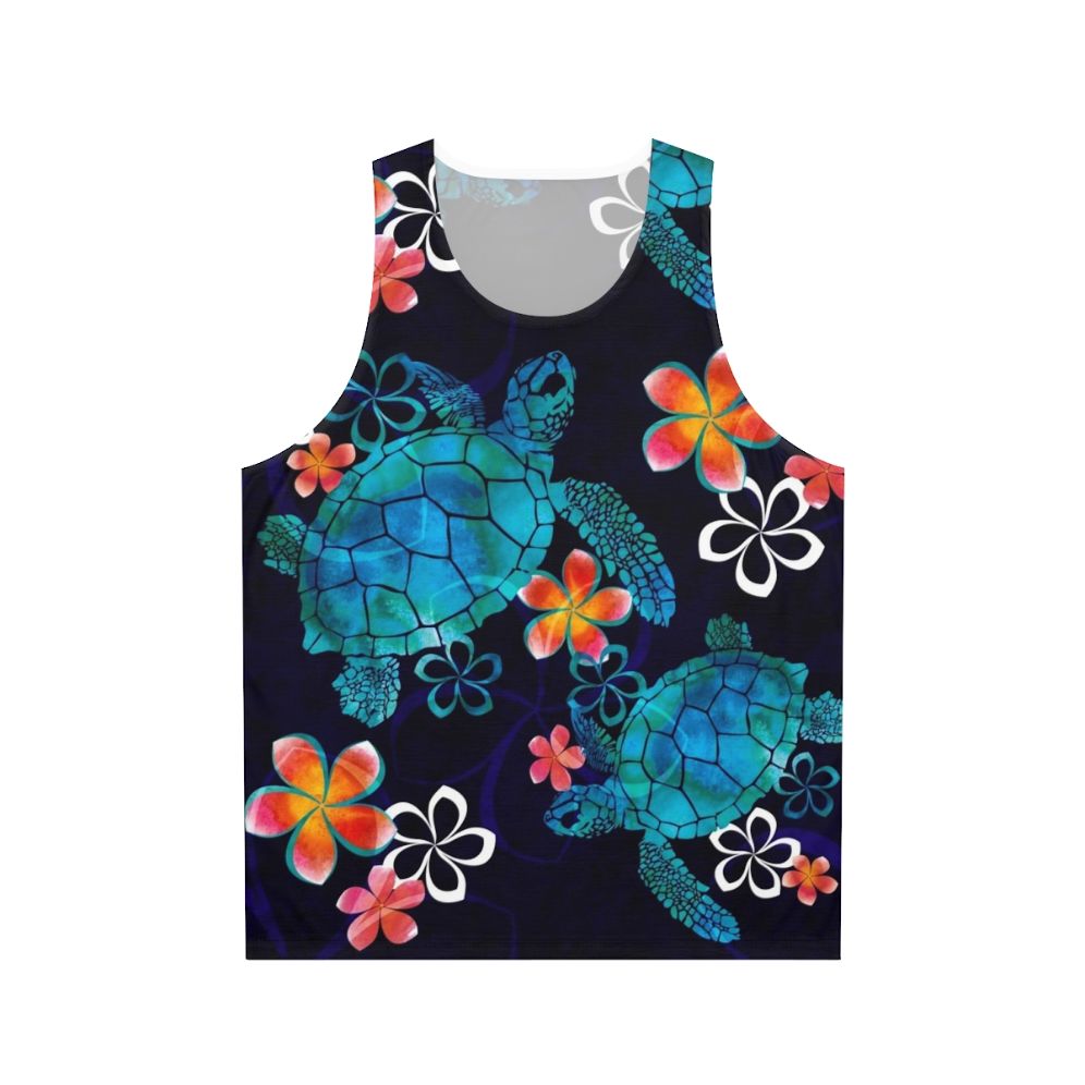 Watercolor sea turtle with tropical flowers on a unisex tank top