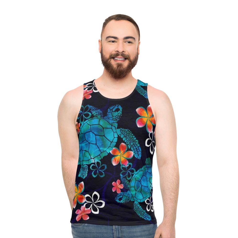 Watercolor sea turtle with tropical flowers on a unisex tank top