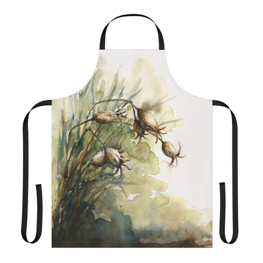 A watercolor illustration of summer seedpods and seed heads on a nature-inspired apron.