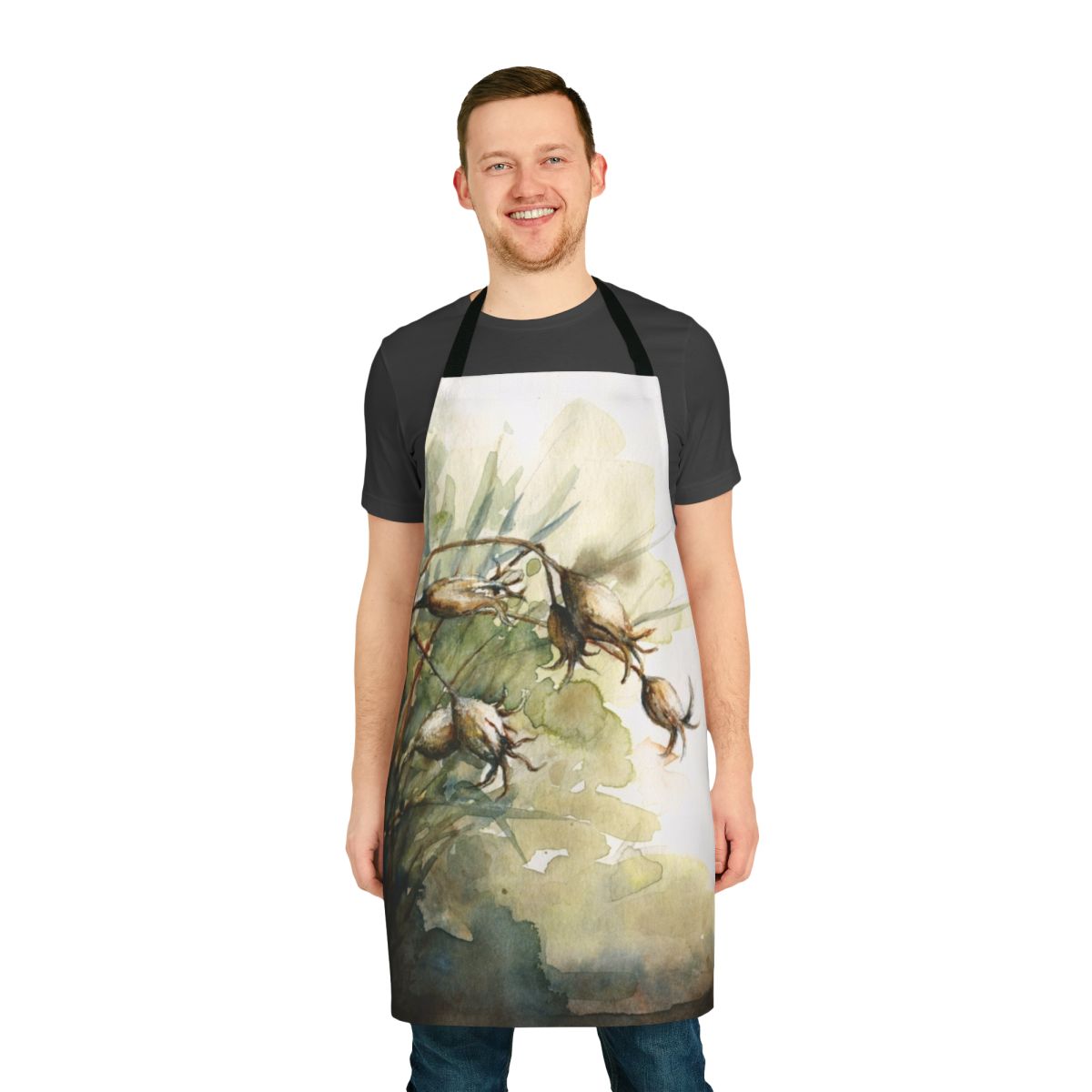 A watercolor illustration of summer seedpods and seed heads on a nature-inspired apron.