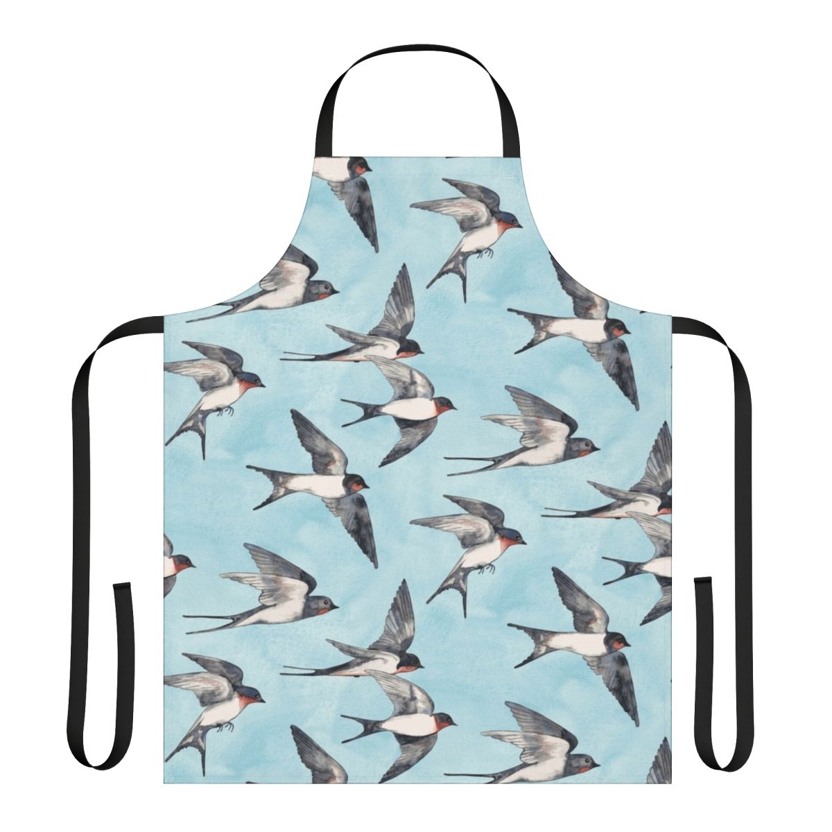 A blue and grey watercolor apron featuring a pattern of flying swallows against a cloudy sky.
