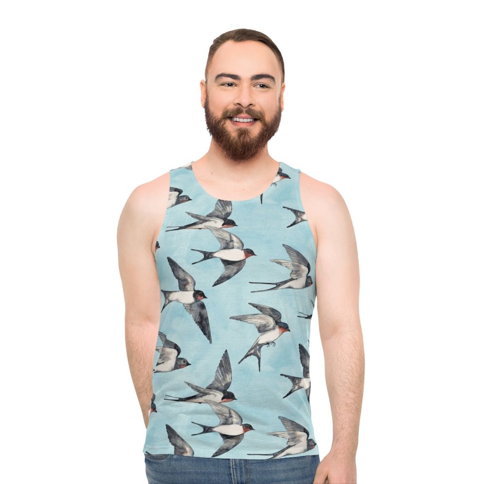 Watercolor tank top with swallows in flight