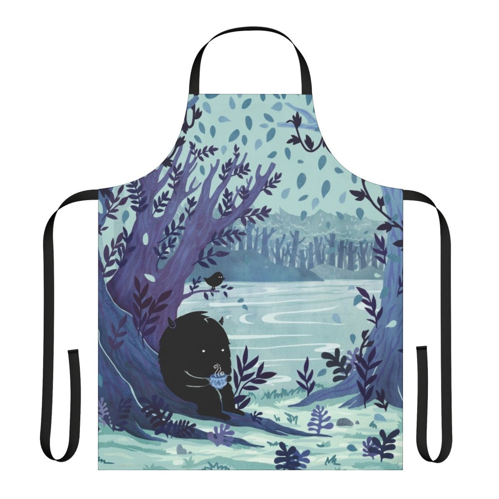 Watercolor painting of a tea-themed apron with a forest, lake, and nature elements