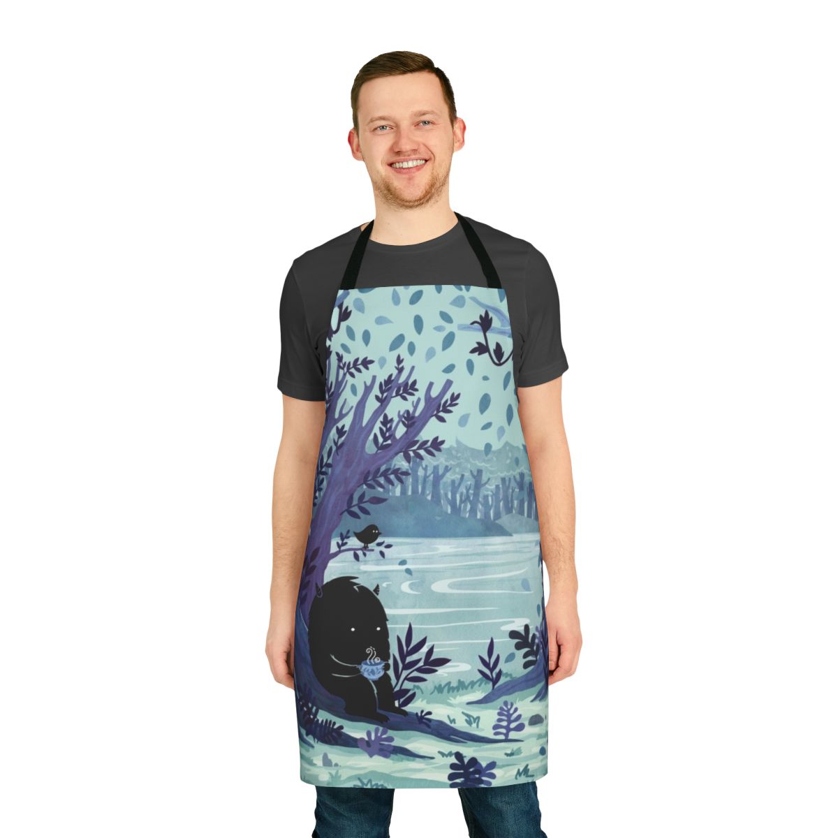 Watercolor painting of a tea-themed apron with a forest, lake, and nature elements