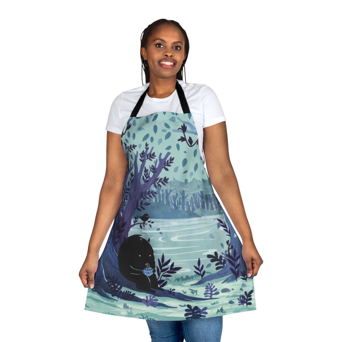 Watercolor painting of a tea-themed apron with a forest, lake, and nature elements