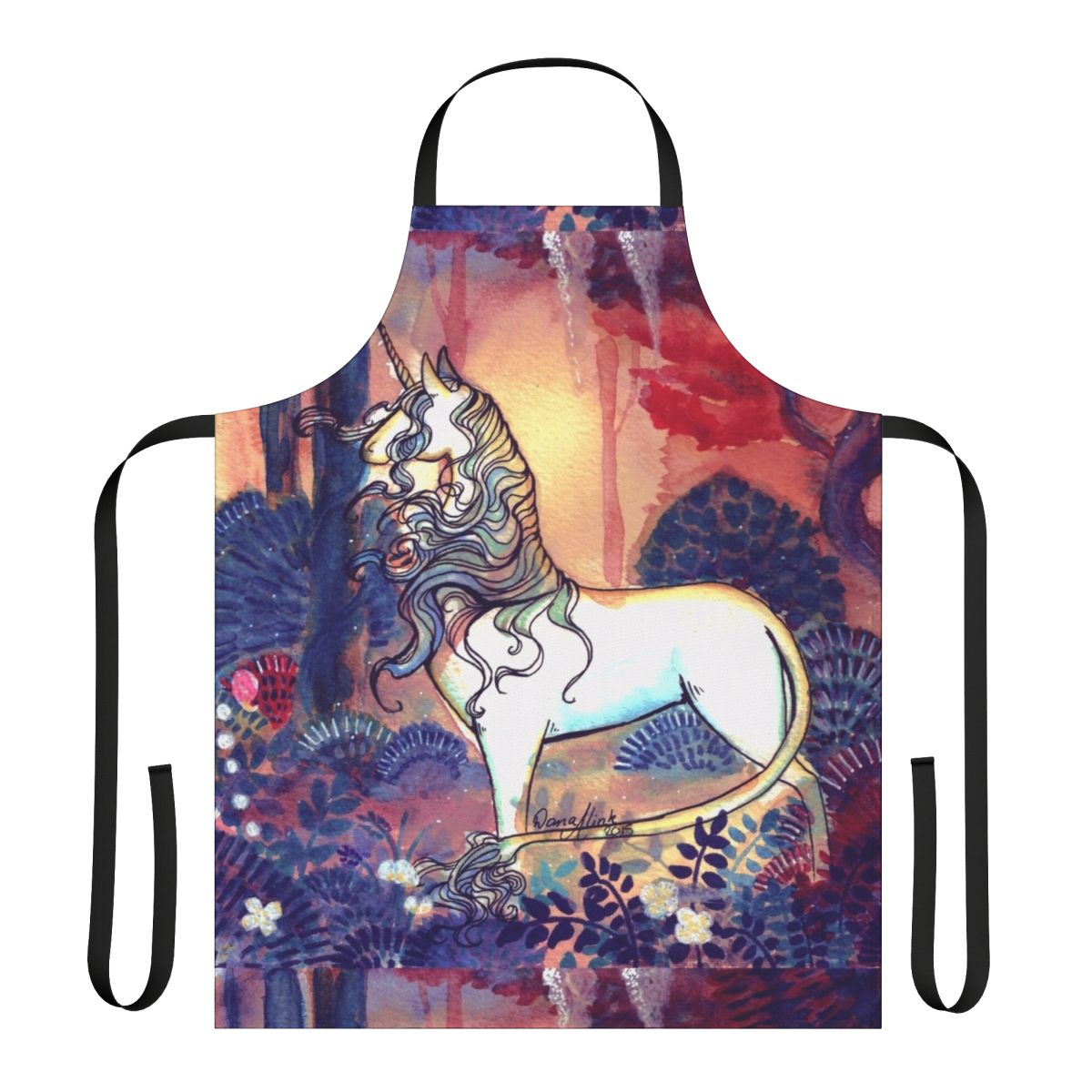 Vibrant watercolor design of a unicorn on a kitchen apron, inspired by the classic fantasy film 'The Last Unicorn'