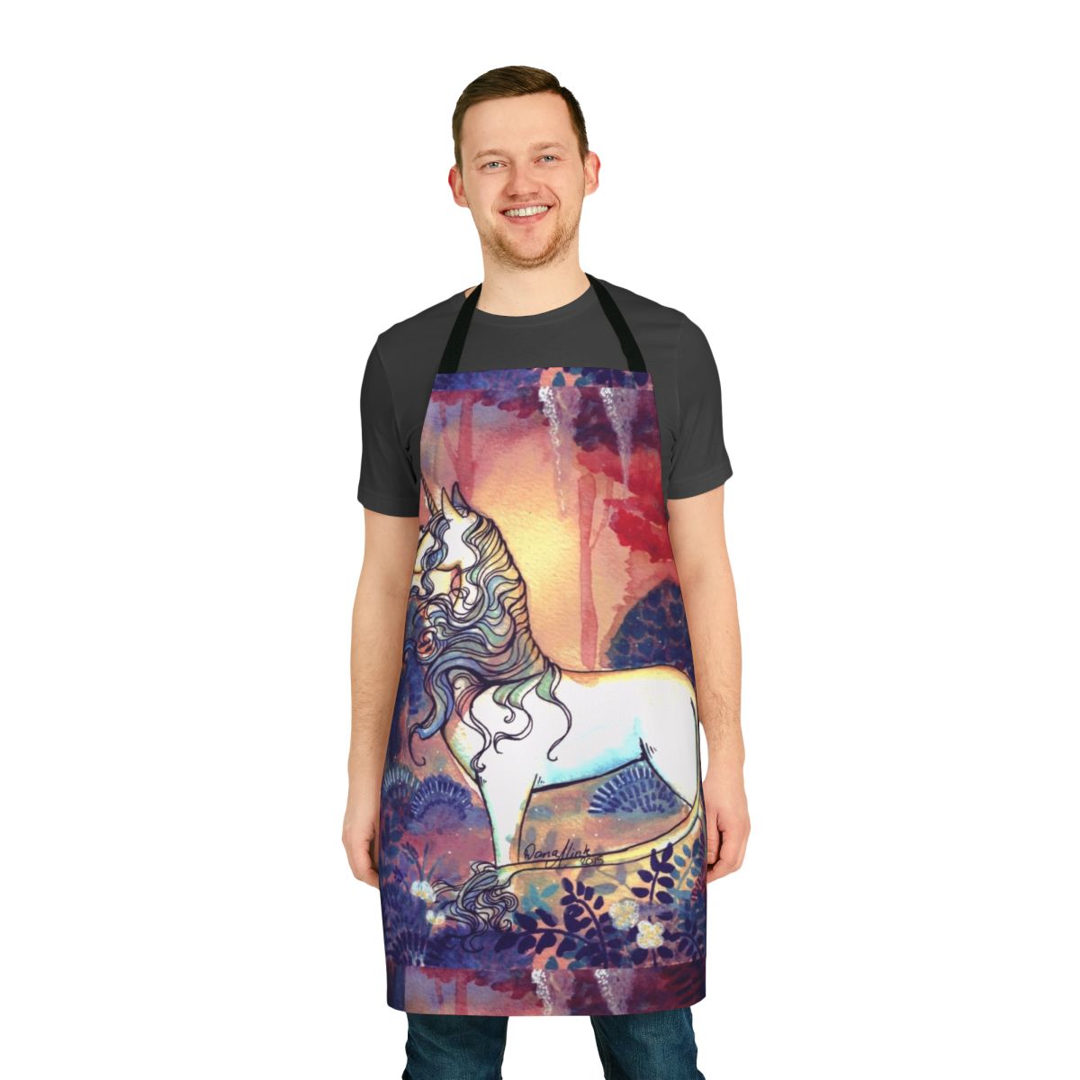 Vibrant watercolor design of a unicorn on a kitchen apron, inspired by the classic fantasy film 'The Last Unicorn'