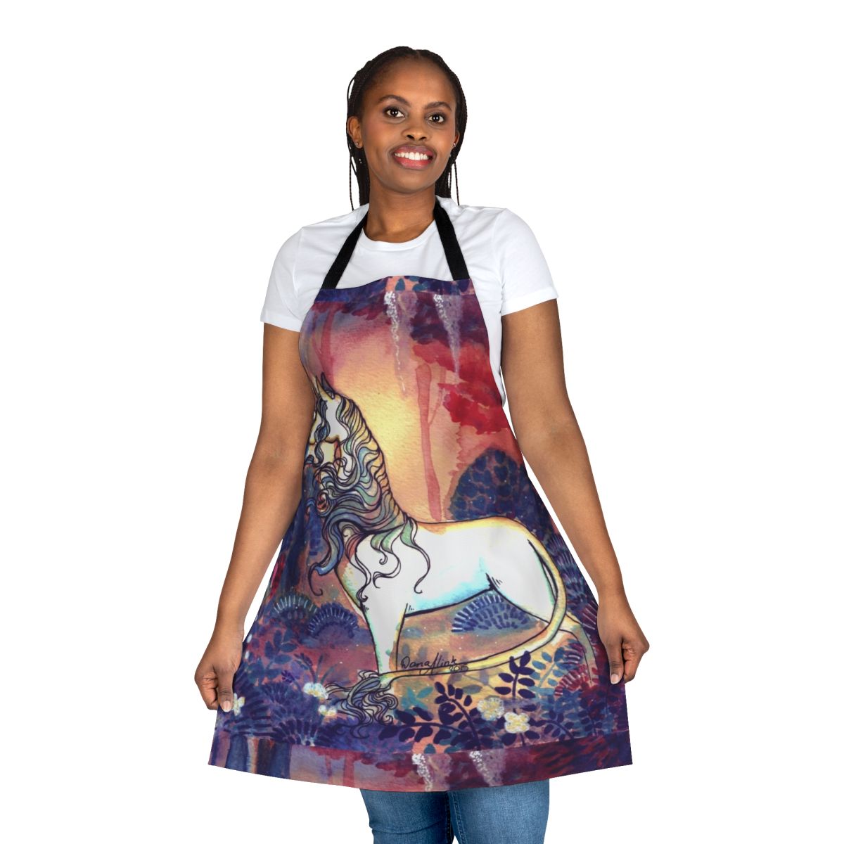 Vibrant watercolor design of a unicorn on a kitchen apron, inspired by the classic fantasy film 'The Last Unicorn'