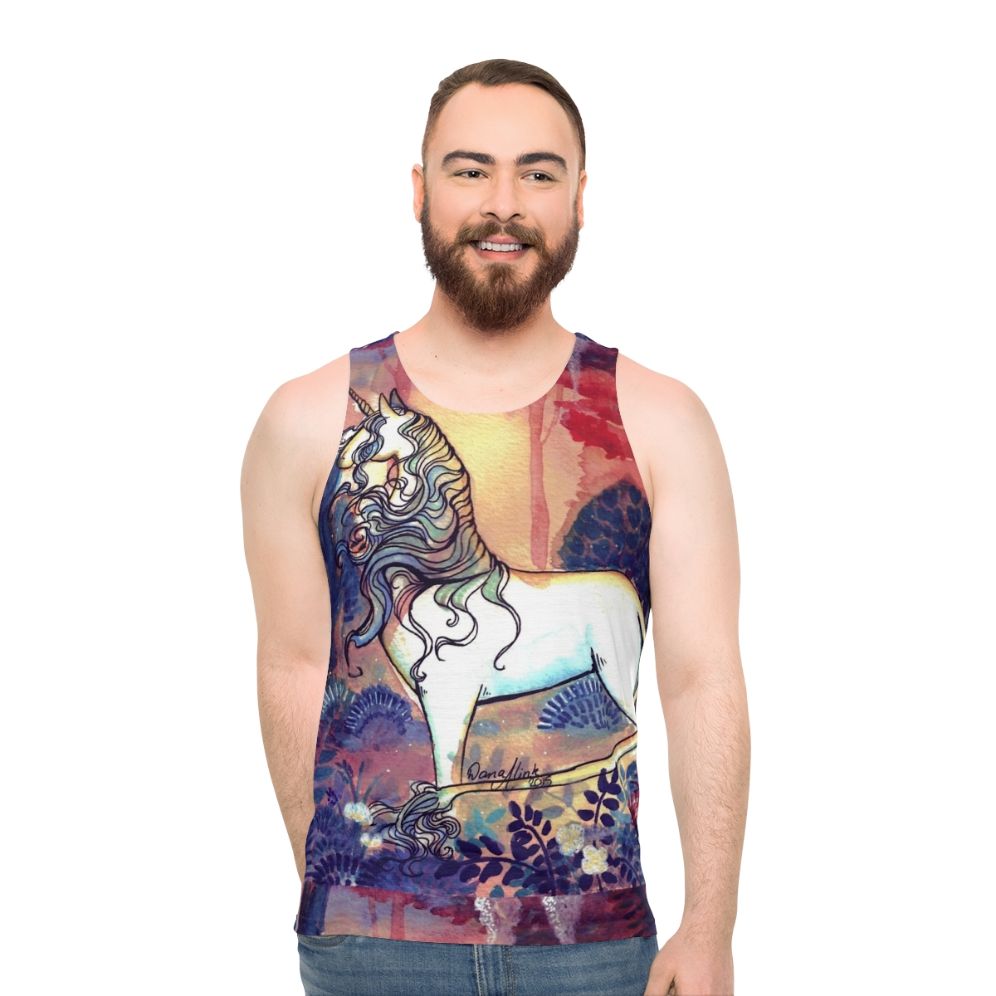 Watercolor unicorn design on a unisex tank top
