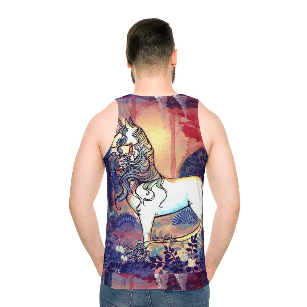 Watercolor unicorn design on a unisex tank top