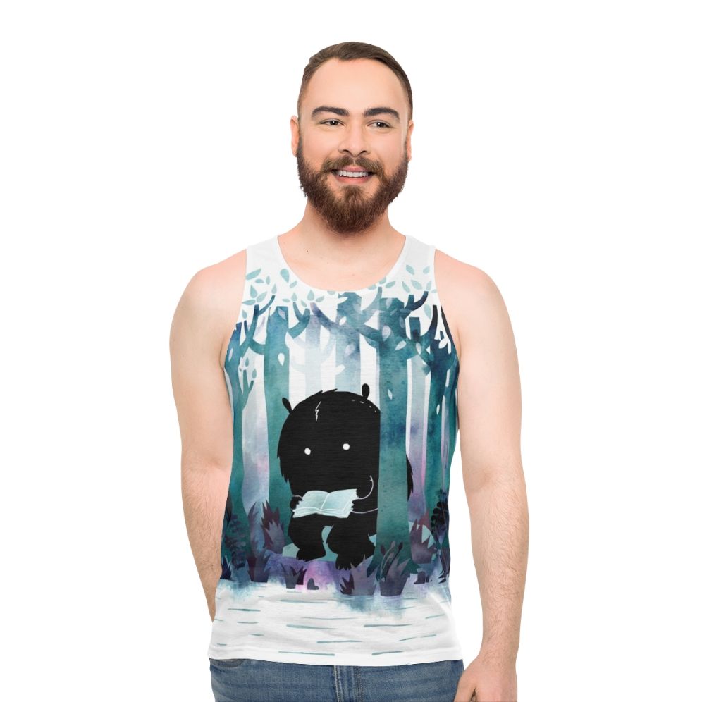 Watercolor unisex tank top with nature and book theme