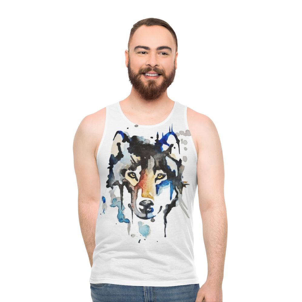 Watercolor wolf design on unisex tank top