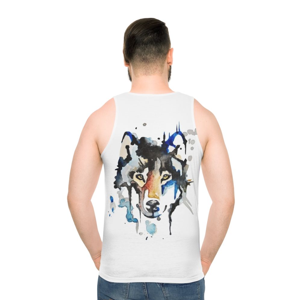 Watercolor wolf design on unisex tank top