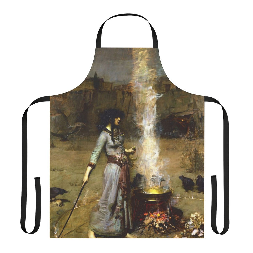 Apron featuring 'The Magic Circle' painting by John William Waterhouse, depicting a witch performing a ritual.
