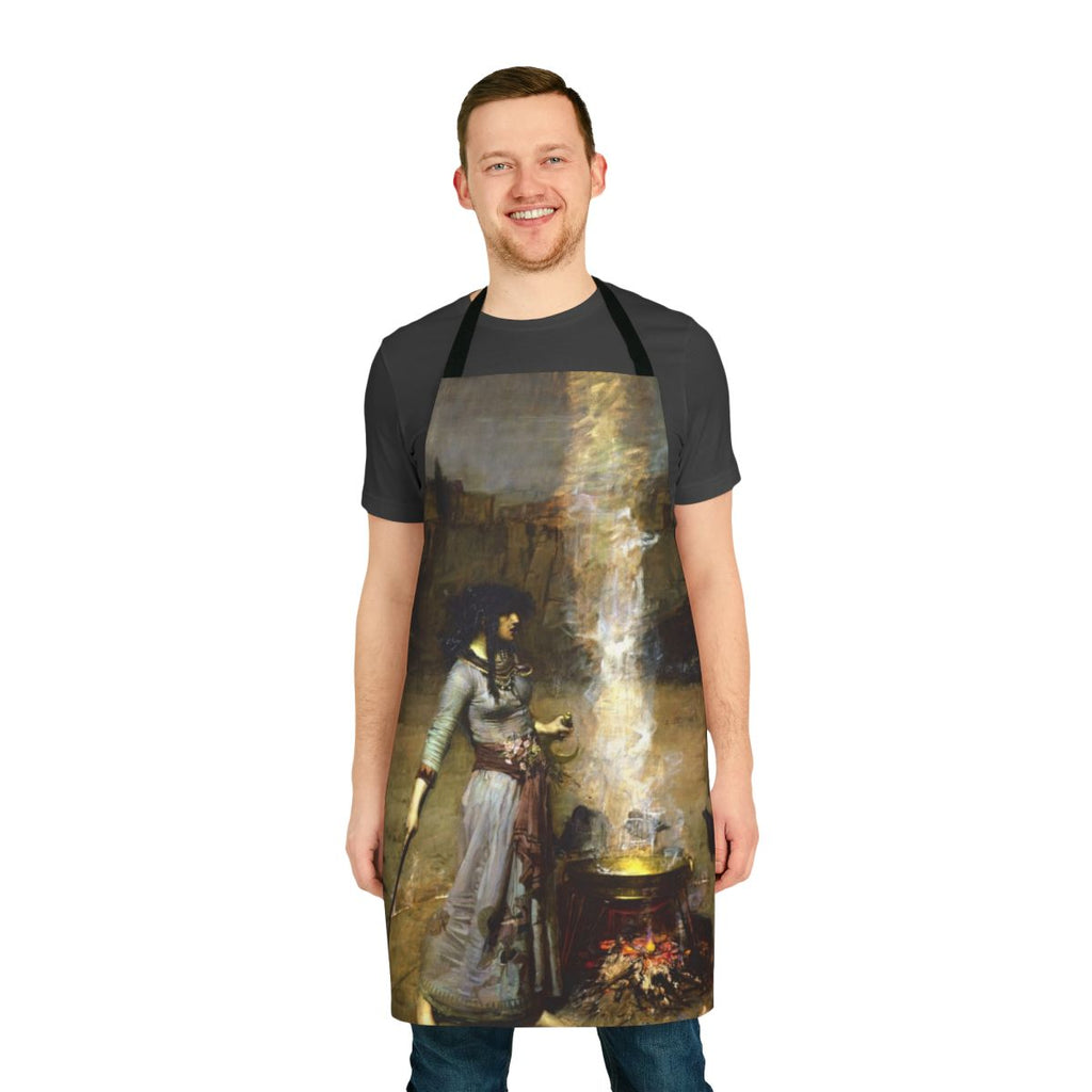 Apron featuring 'The Magic Circle' painting by John William Waterhouse, depicting a witch performing a ritual.