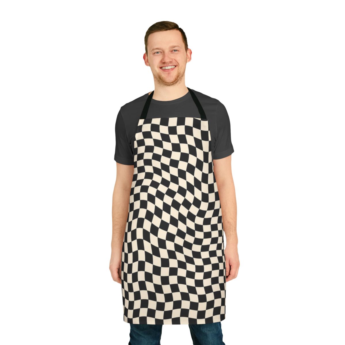Wavy checkerboard pattern apron with a retro, vintage, and groovy design.