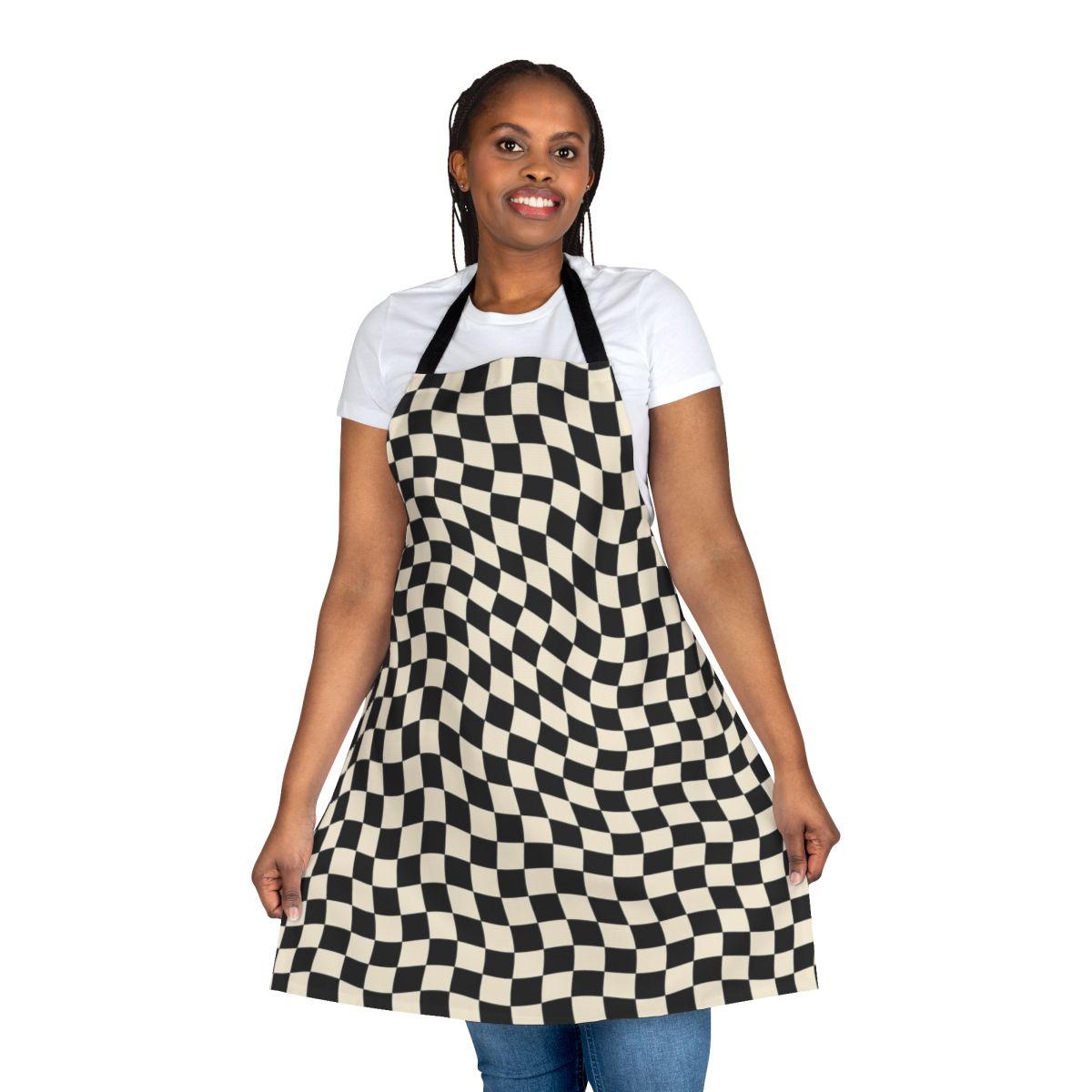 Wavy checkerboard pattern apron with a retro, vintage, and groovy design.