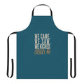 "We Came, We Saw" inspired apron featuring a historical quote and DC superhero elements