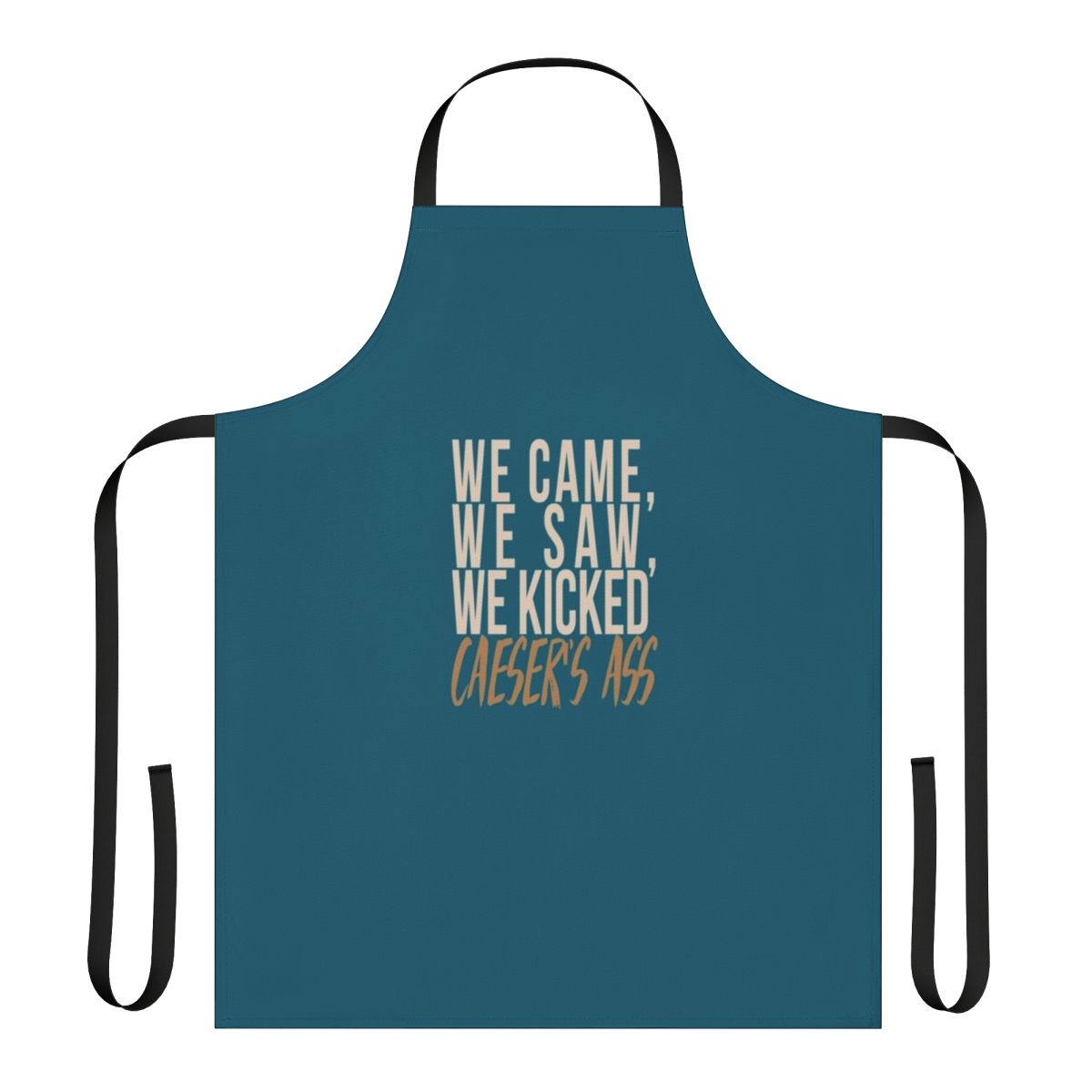 "We Came, We Saw" inspired apron featuring a historical quote and DC superhero elements
