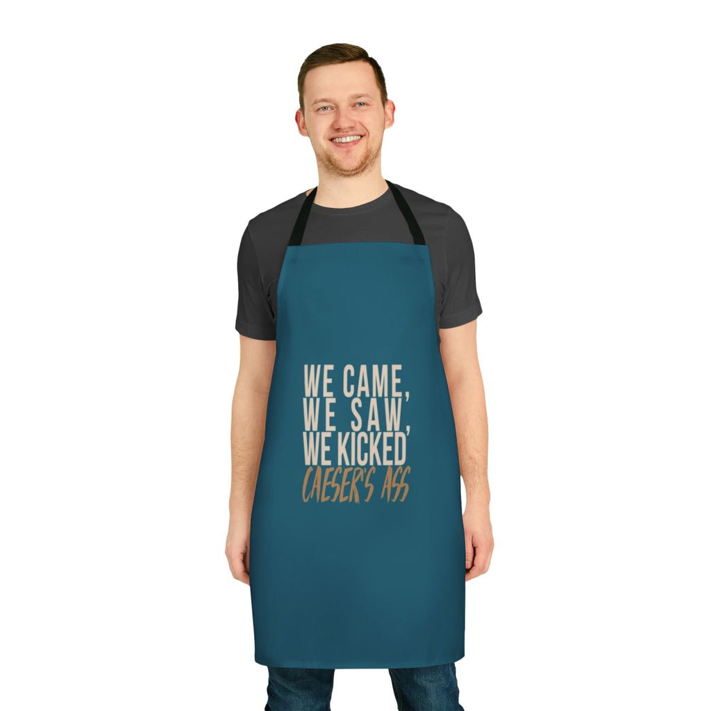 "We Came, We Saw" inspired apron featuring a historical quote and DC superhero elements