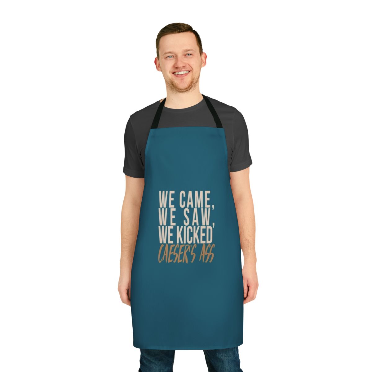 "We Came, We Saw" inspired apron featuring a historical quote and DC superhero elements