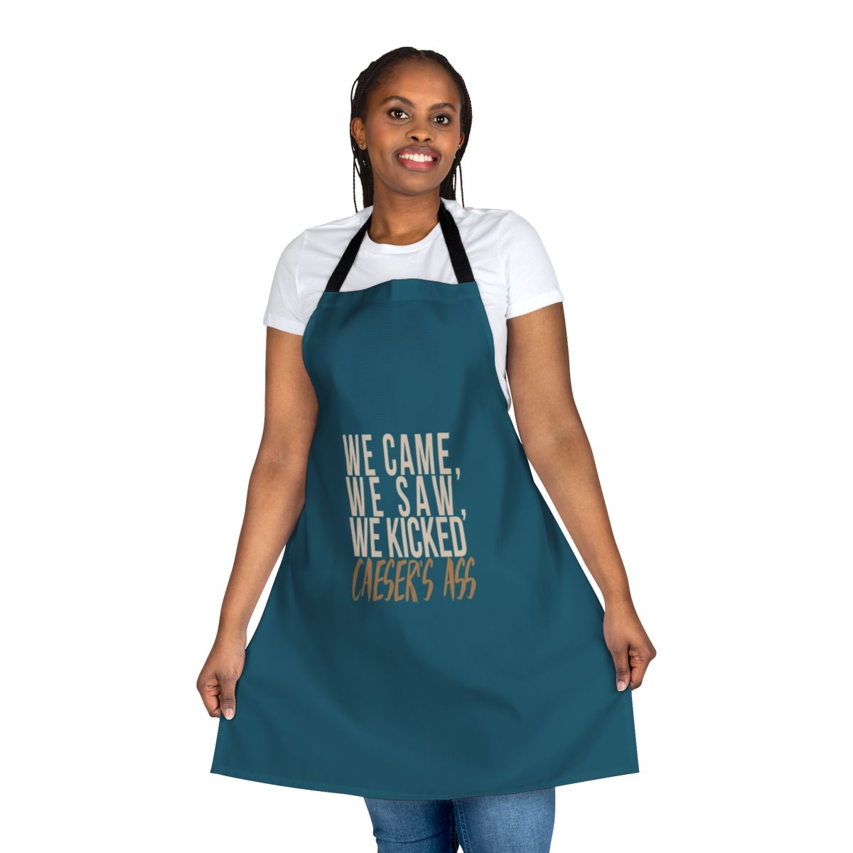 "We Came, We Saw" inspired apron featuring a historical quote and DC superhero elements