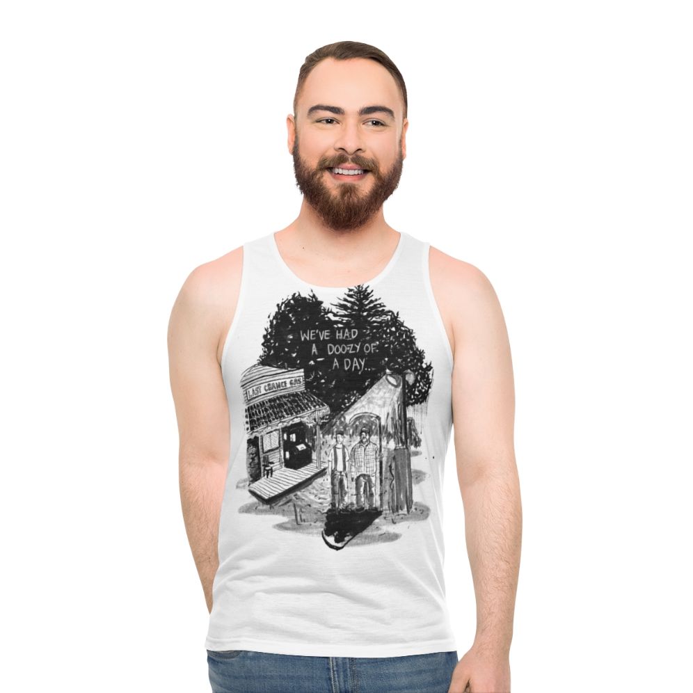 Unisex tank top with "We've Had a Doozy of a Day" horror movie design