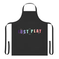 Person wearing a gaming-themed apron with the text "Just Play"
