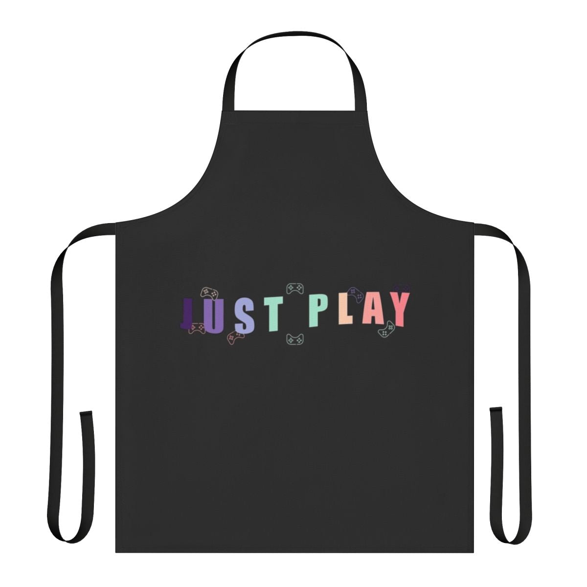 Person wearing a gaming-themed apron with the text "Just Play"