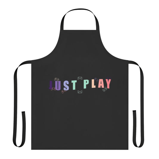 Person wearing a gaming-themed apron with the text "Just Play"