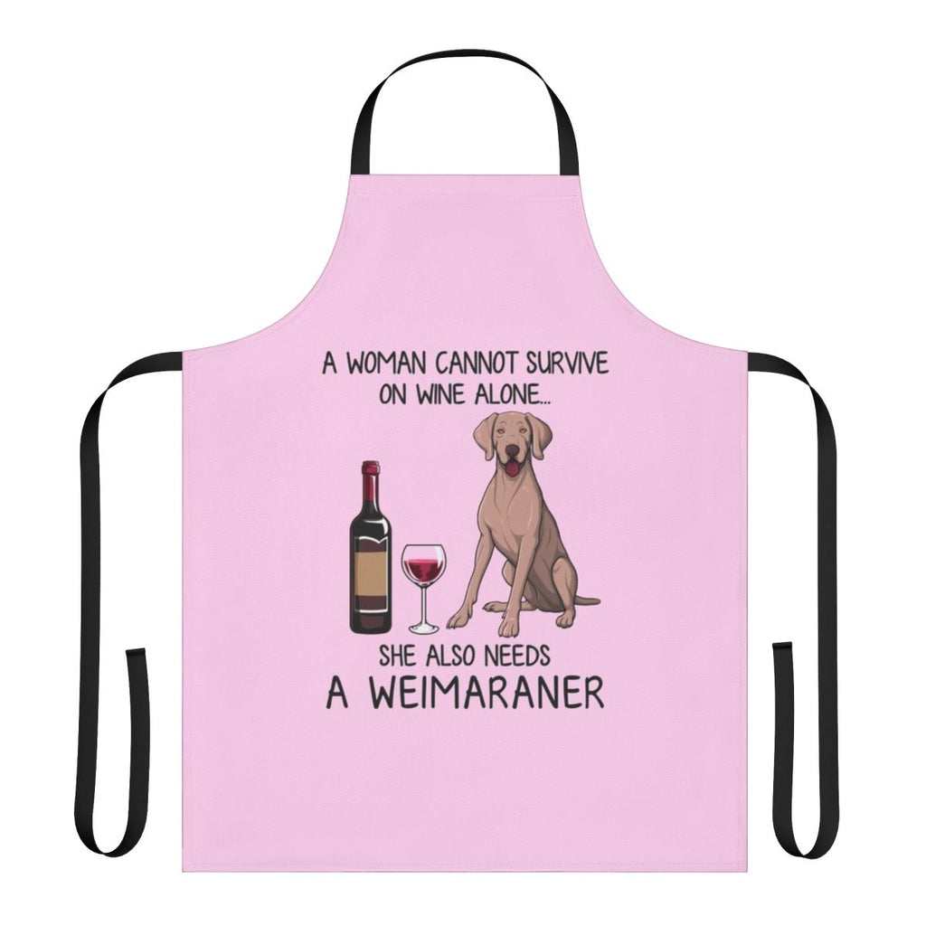 Weimaraner dog wearing an apron with the text "Weimaraner and Wine" on it