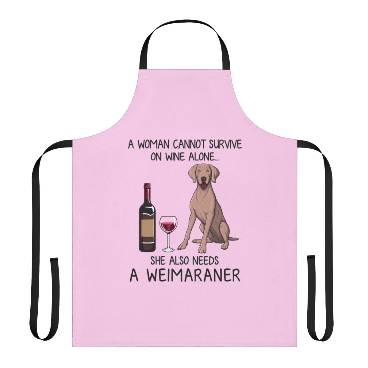 Weimaraner dog wearing an apron with the text "Weimaraner and Wine" on it