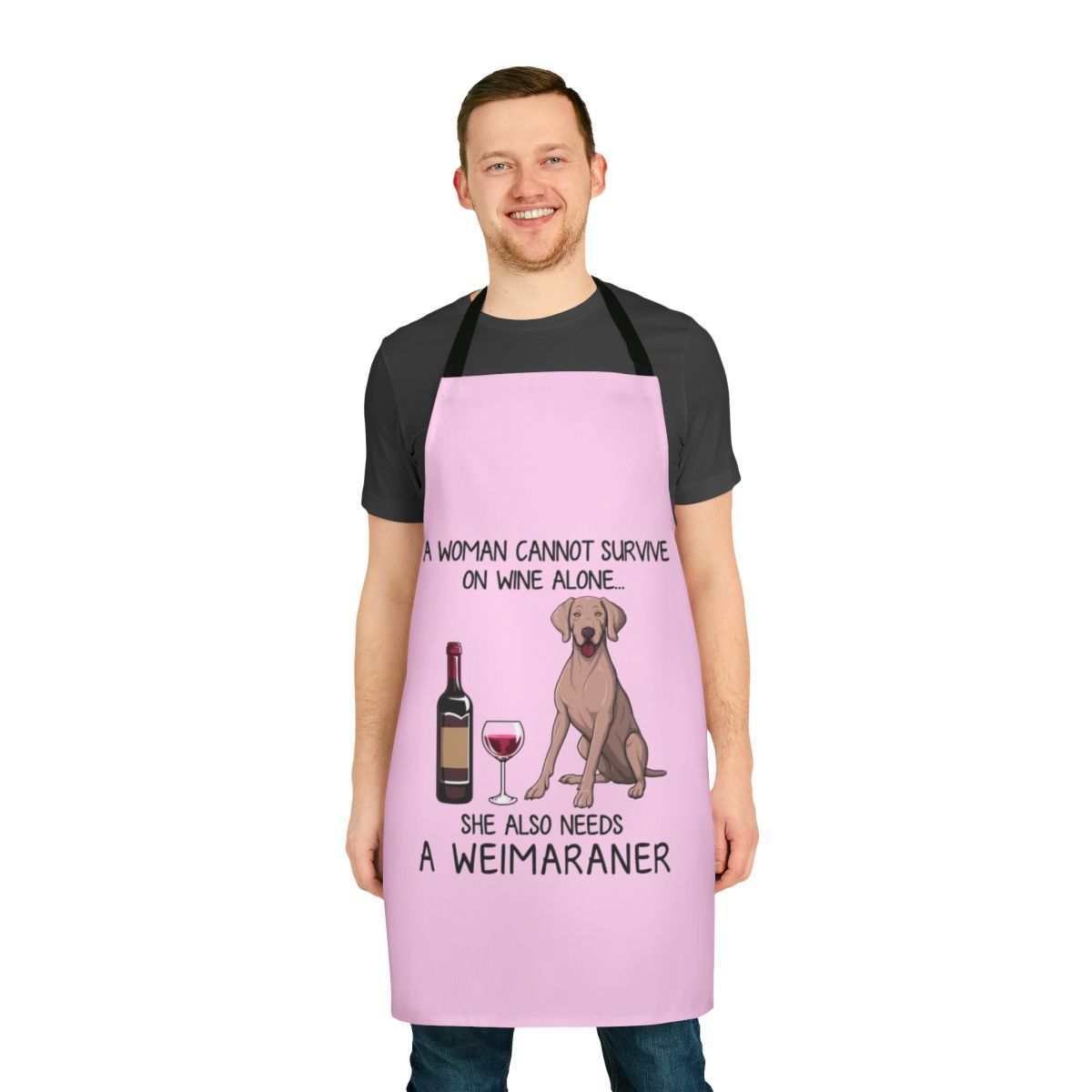 Weimaraner dog wearing an apron with the text "Weimaraner and Wine" on it