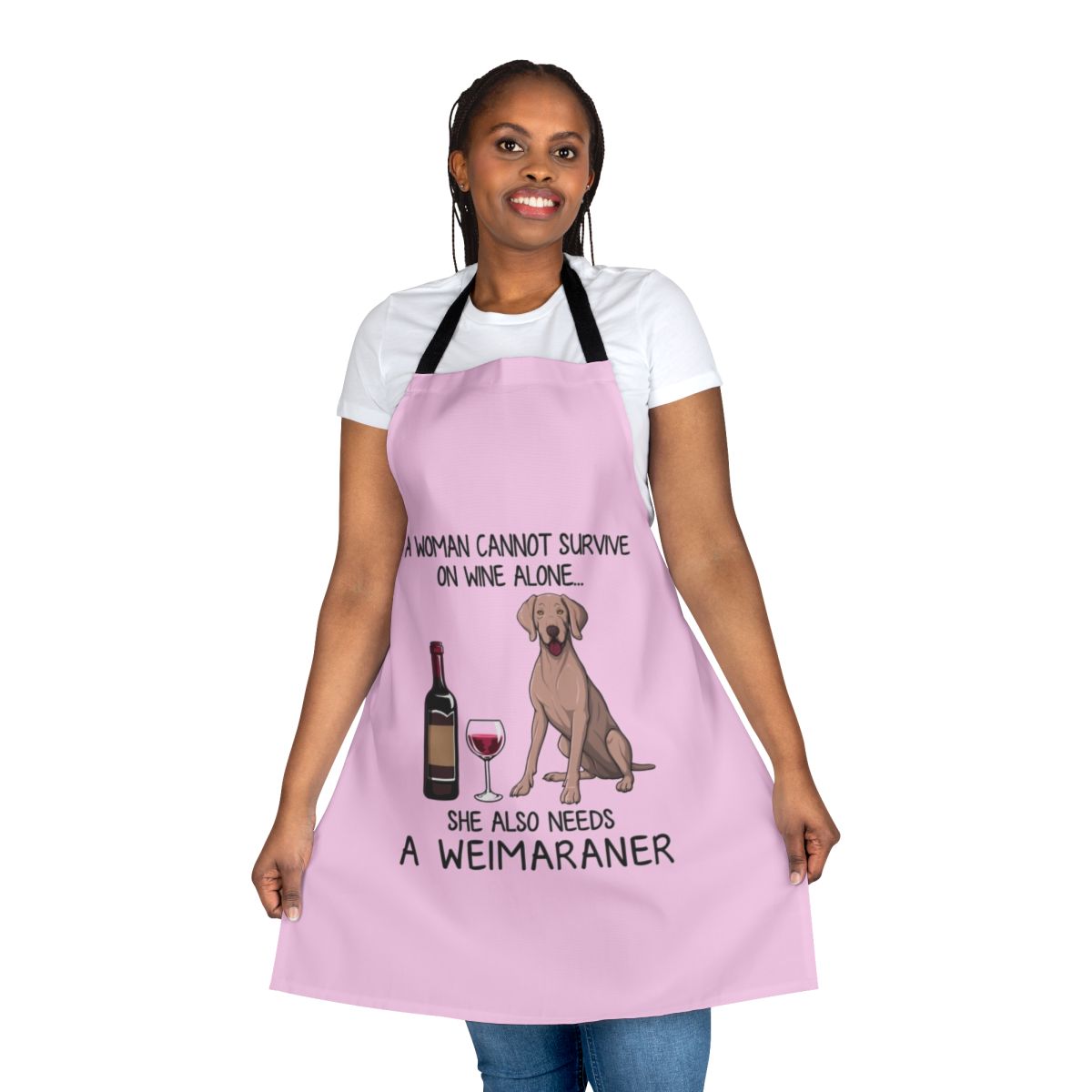 Weimaraner dog wearing an apron with the text "Weimaraner and Wine" on it