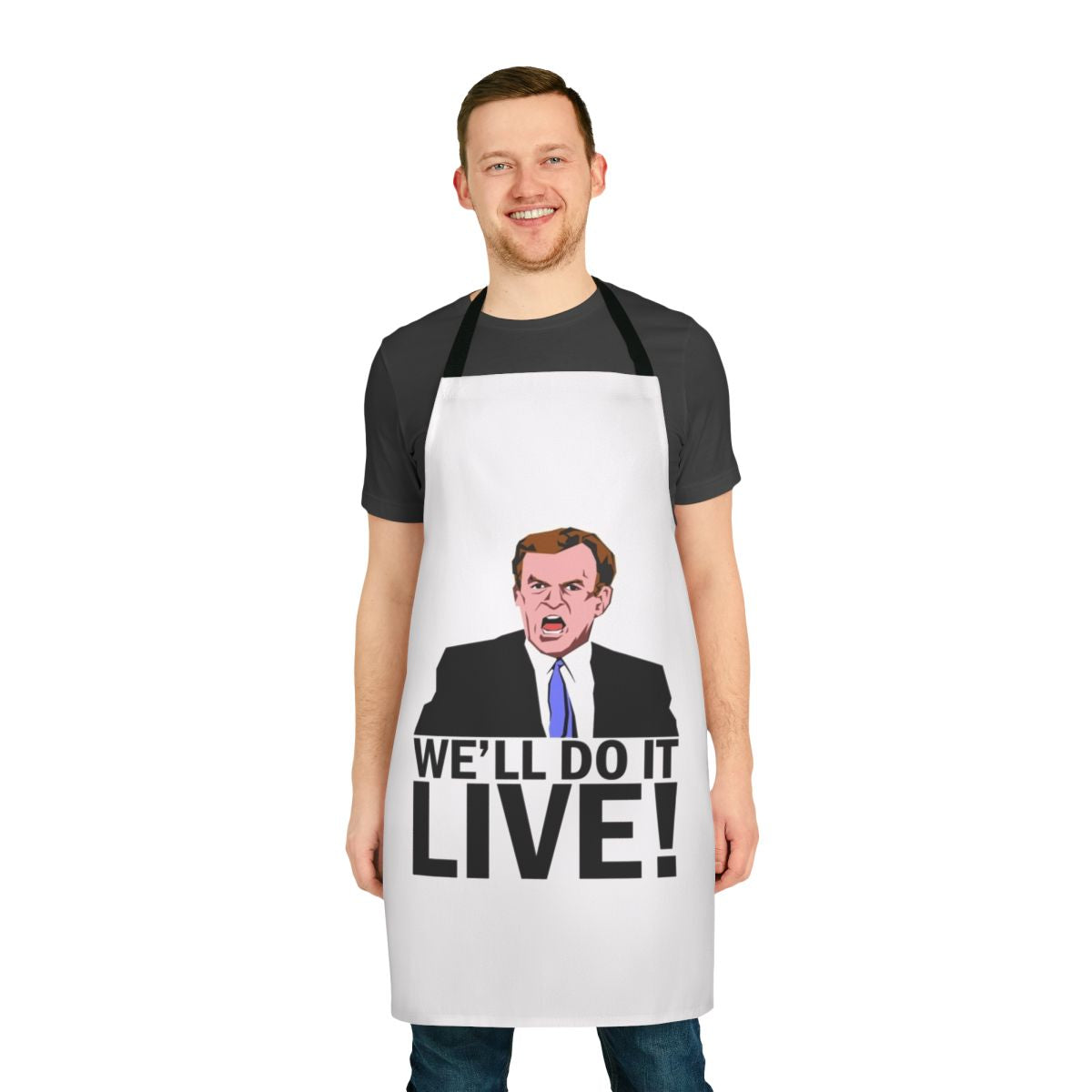 "We'll Do It Live!" Viral Meme Apron with Angry News Reporter Graphic