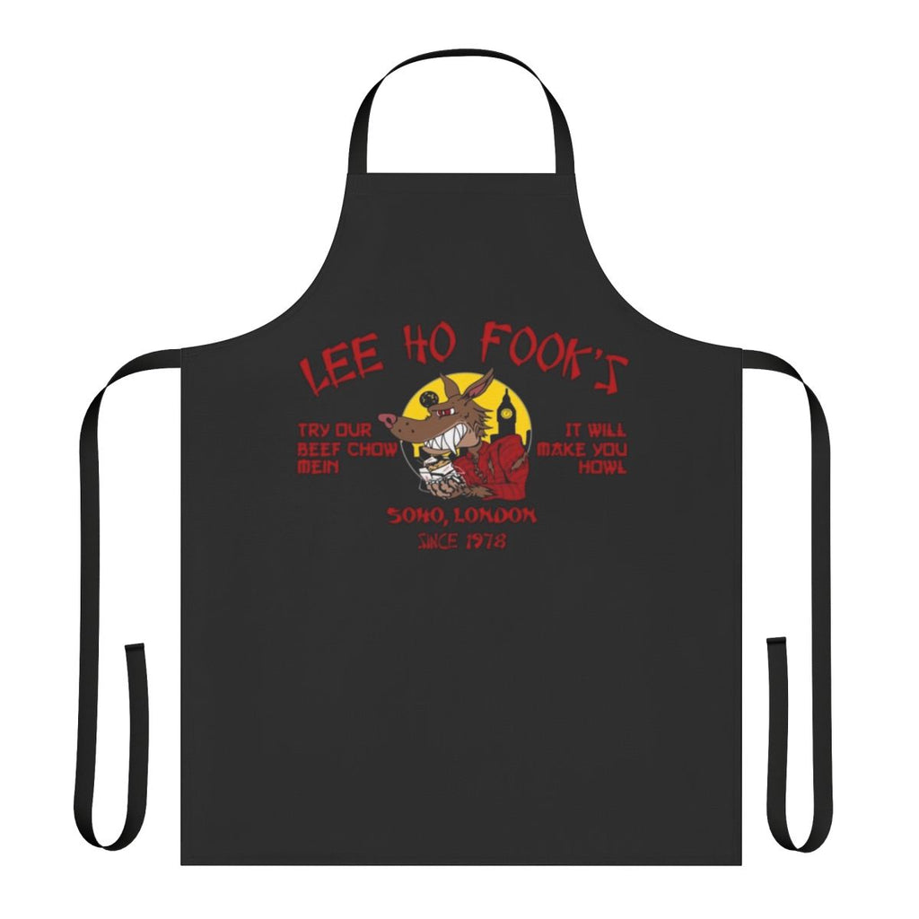 Werewolf-themed apron featuring horror movie and seventies music imagery