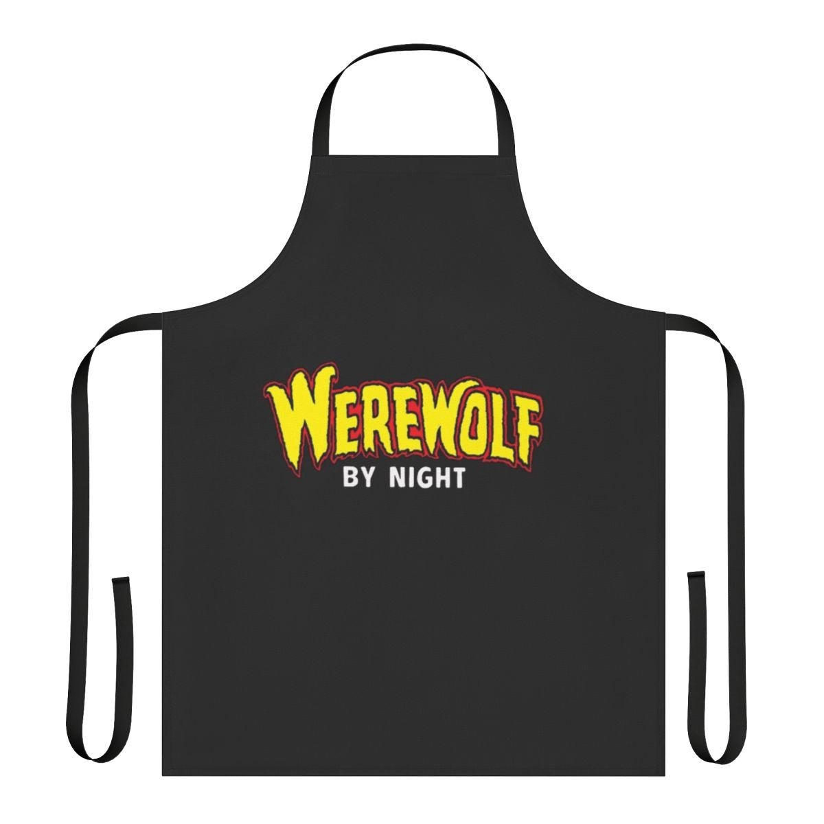A black apron featuring a werewolf design, perfect for the werewolf-loving superhero fan.