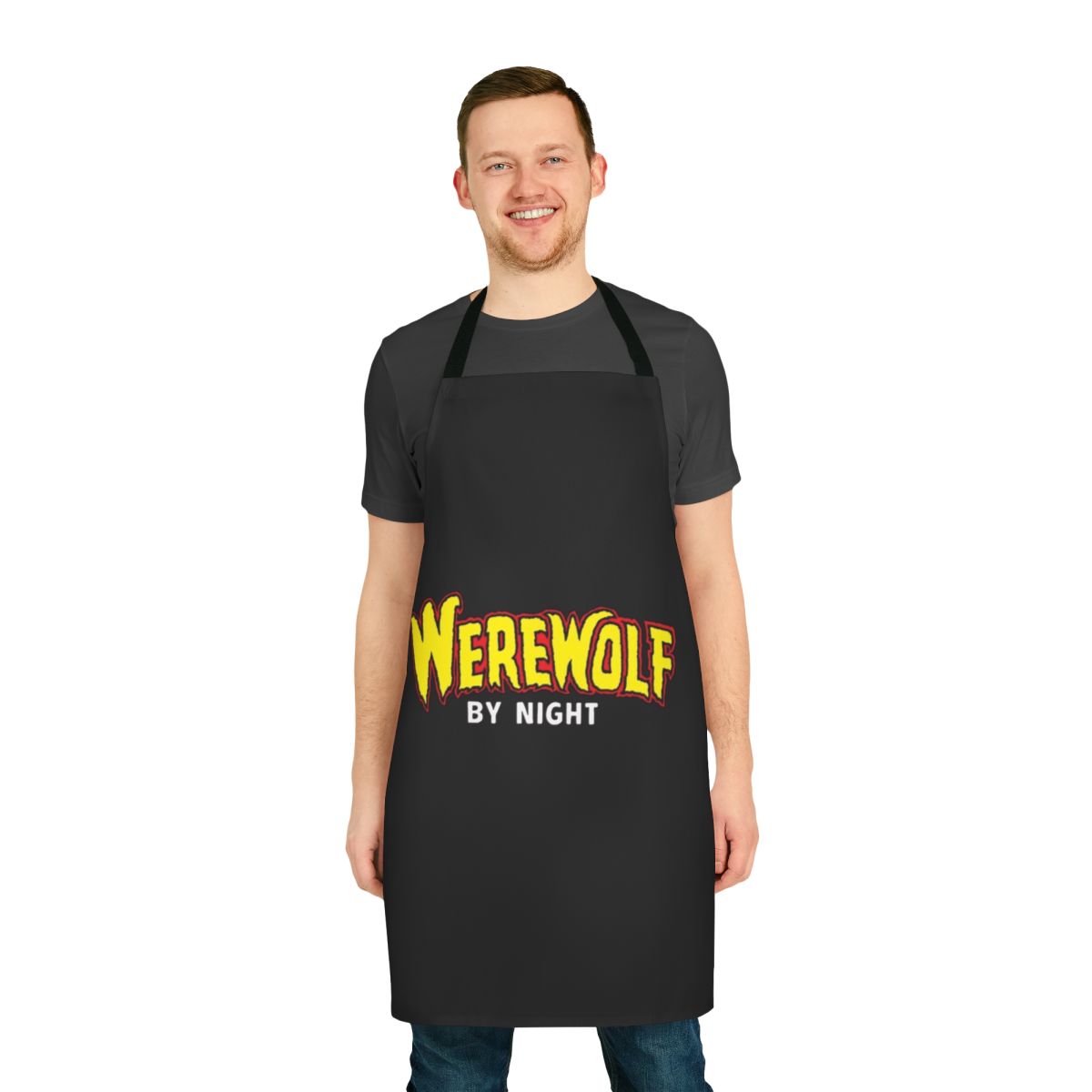 A black apron featuring a werewolf design, perfect for the werewolf-loving superhero fan.