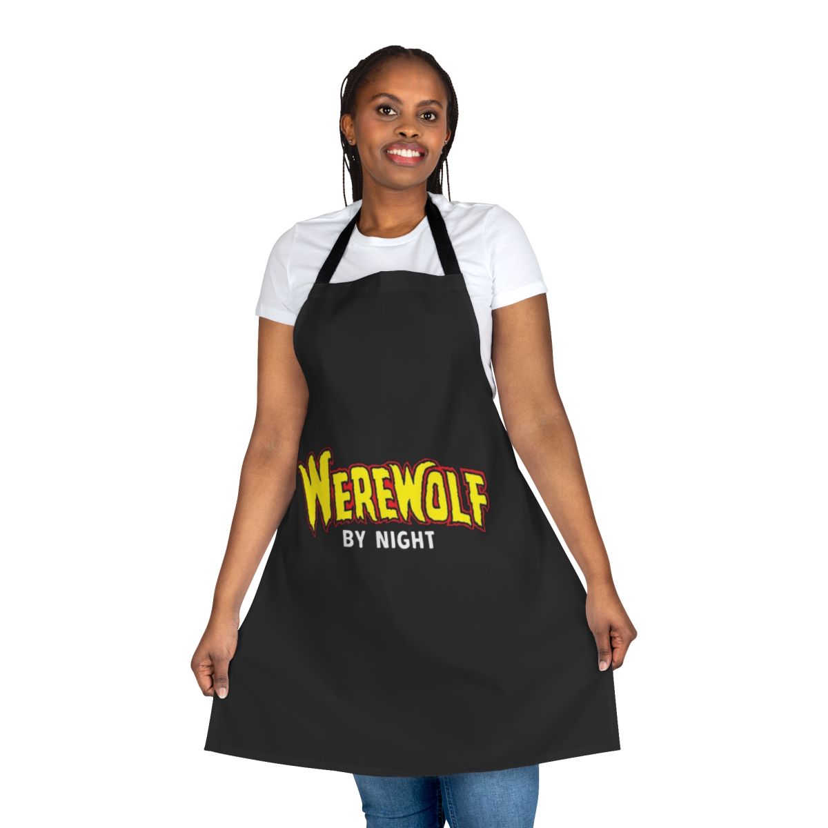 A black apron featuring a werewolf design, perfect for the werewolf-loving superhero fan.