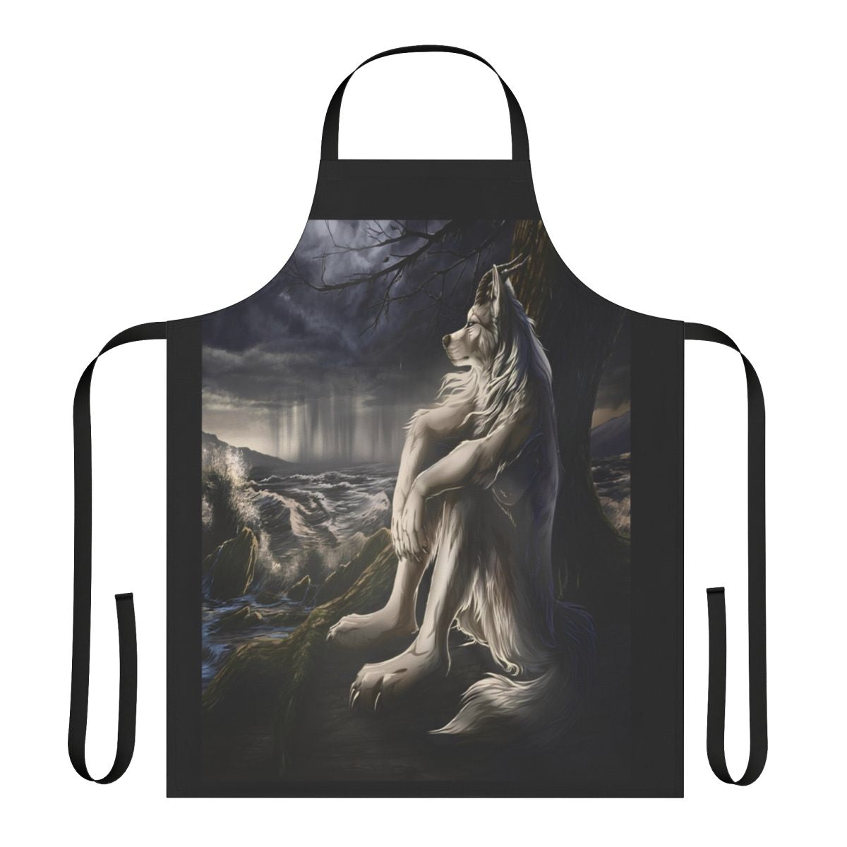 Werewolf meme-themed kitchen apron with a sitting werewolf design