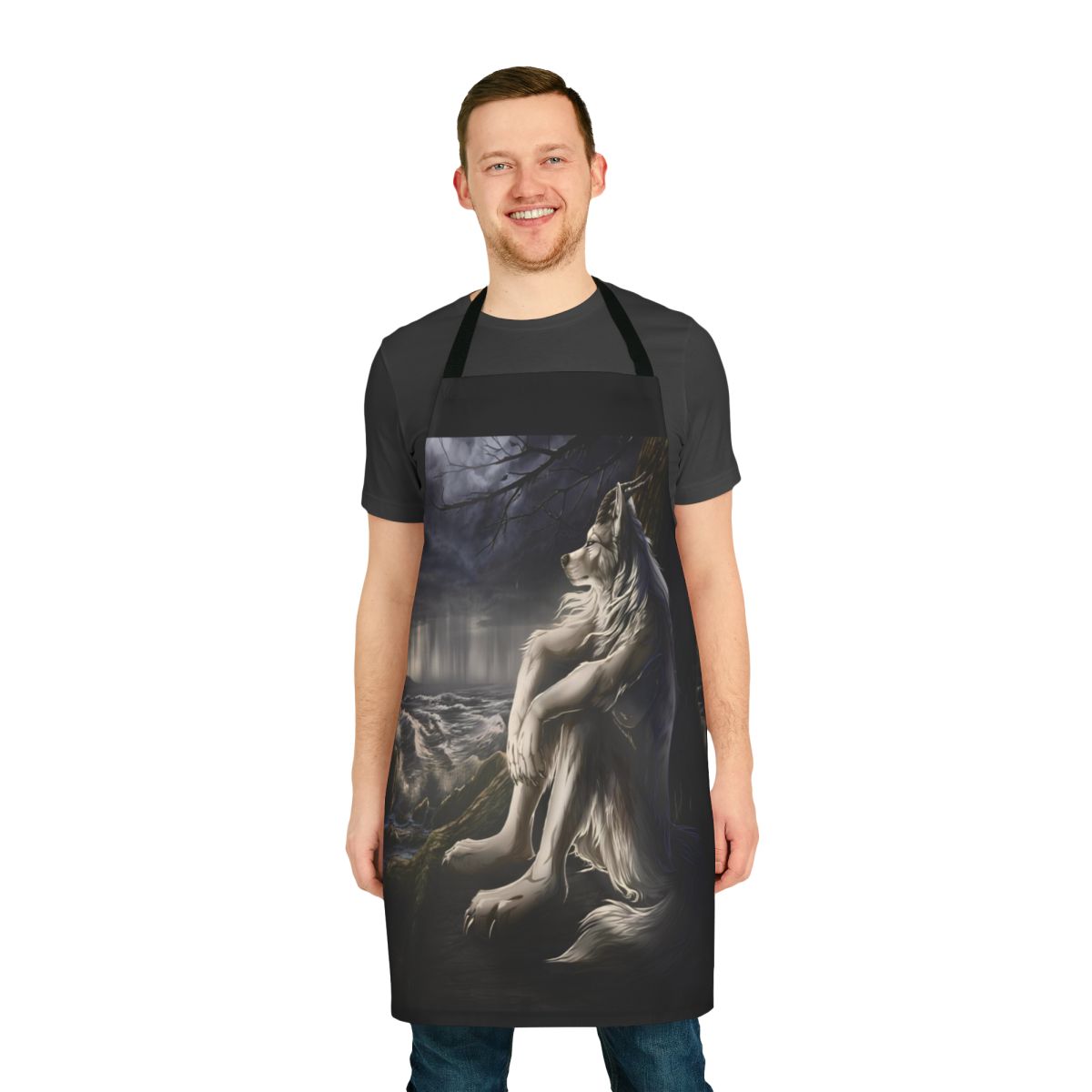 Werewolf meme-themed kitchen apron with a sitting werewolf design