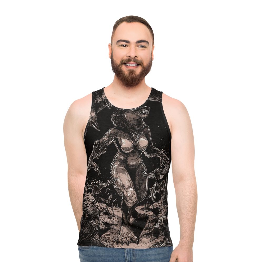 Unisex tank top with werewolf and wolf design for horror fans