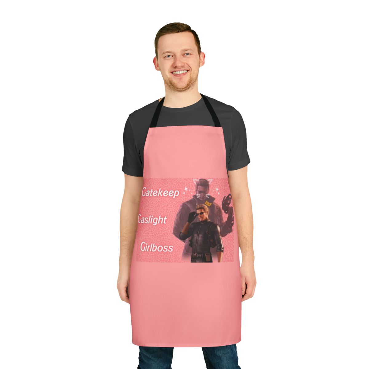 Wesker-themed apron featuring the "Gaslight, Gatekeep, Girlboss" design for Resident Evil fans