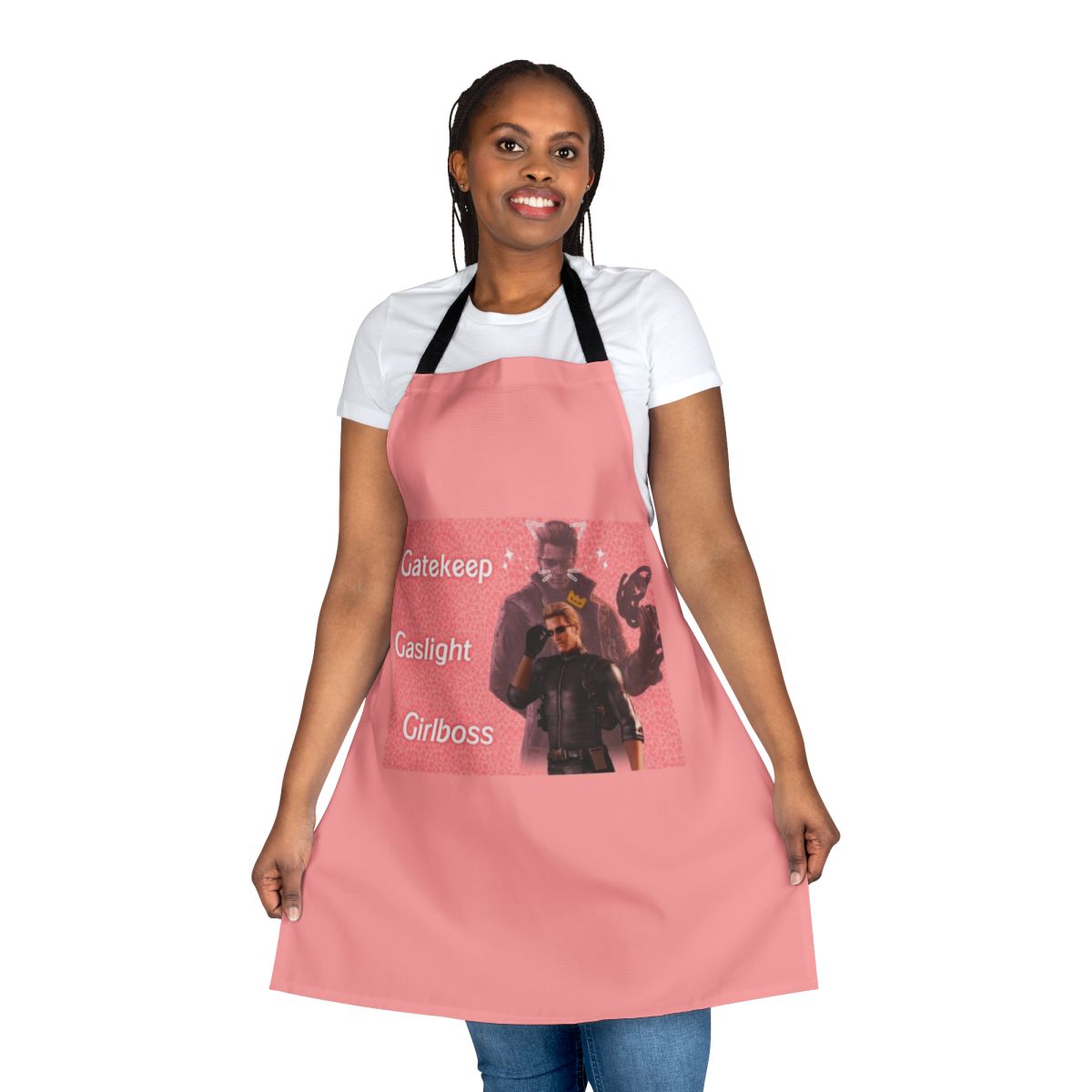 Wesker-themed apron featuring the "Gaslight, Gatekeep, Girlboss" design for Resident Evil fans