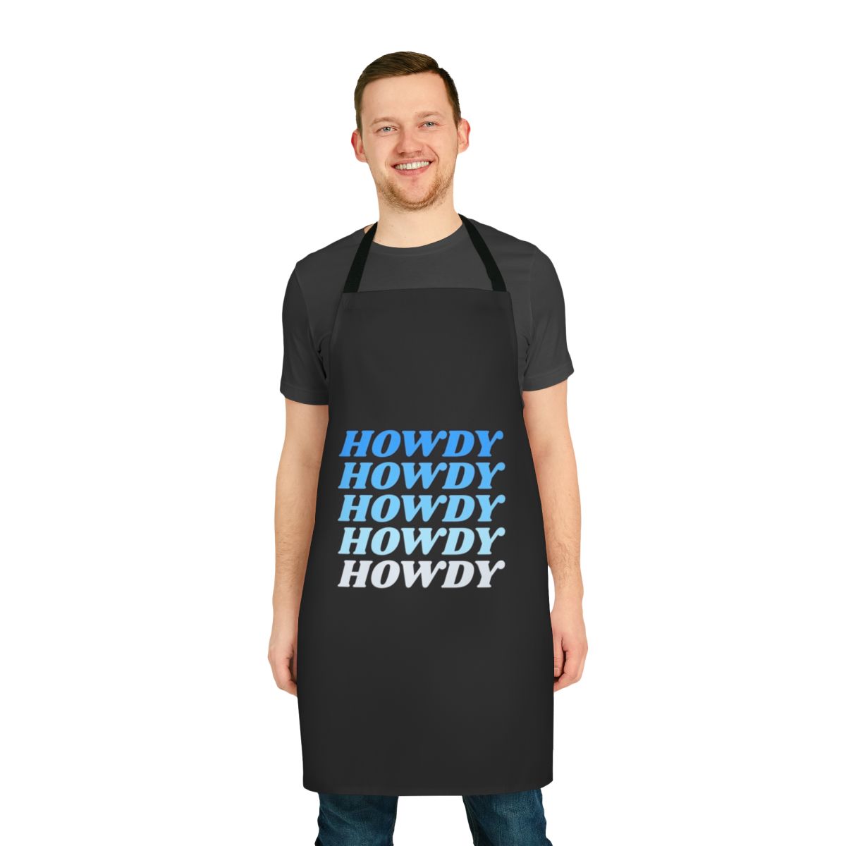 A rustic-style apron featuring the text "Howdy" in a western-inspired font