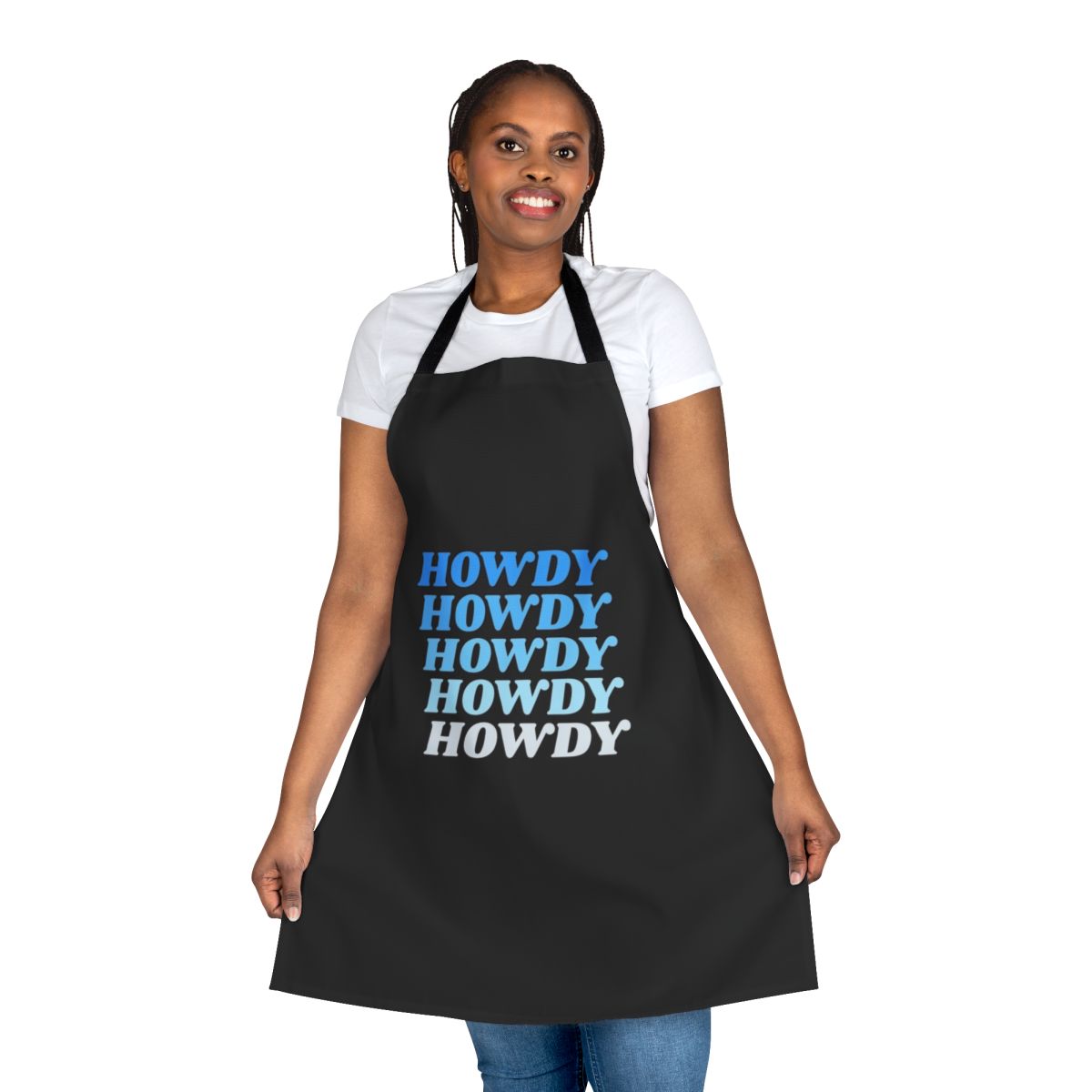 A rustic-style apron featuring the text "Howdy" in a western-inspired font