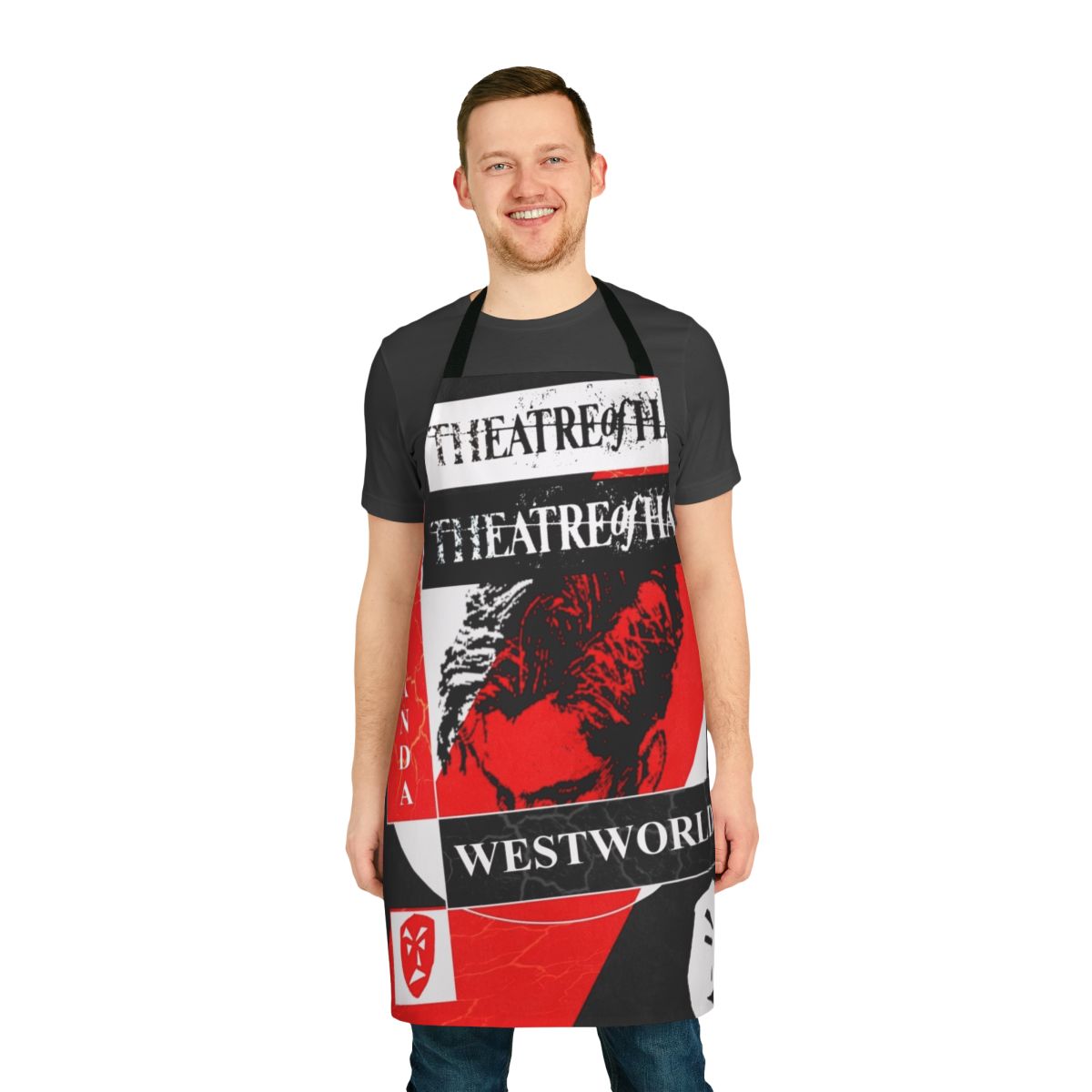 Westworld inspired propaganda apron featuring the Theatre of Hate logo and imagery